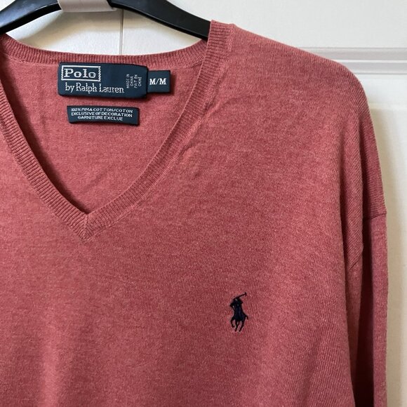 Polo Ralph Lauren Pima Cotton Sweater Mens Pink Knit V-neck Preppy Academia - Picture 2 of 7